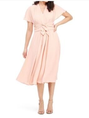 Gal Meets Glam Jane Tie Waist Pink Midi Dress Size 12
